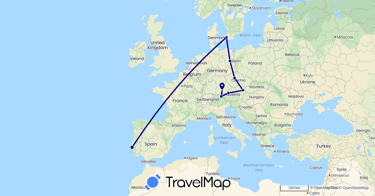 TravelMap itinerary: driving in Austria, Czech Republic, Germany, Denmark, Portugal (Europe)